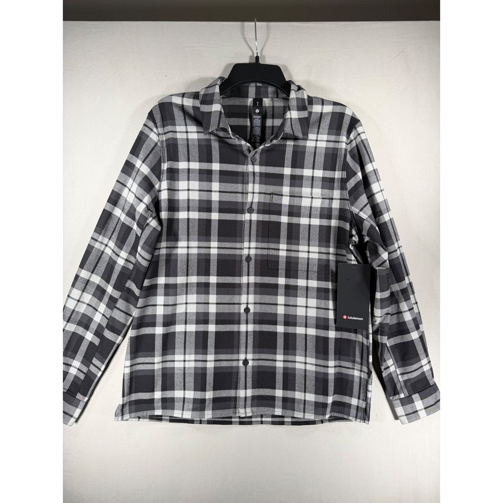Lululemon Mens Brushed Woven Overshirt Grey Plaid Relaxed Fit LM3FSFS Size S NEW